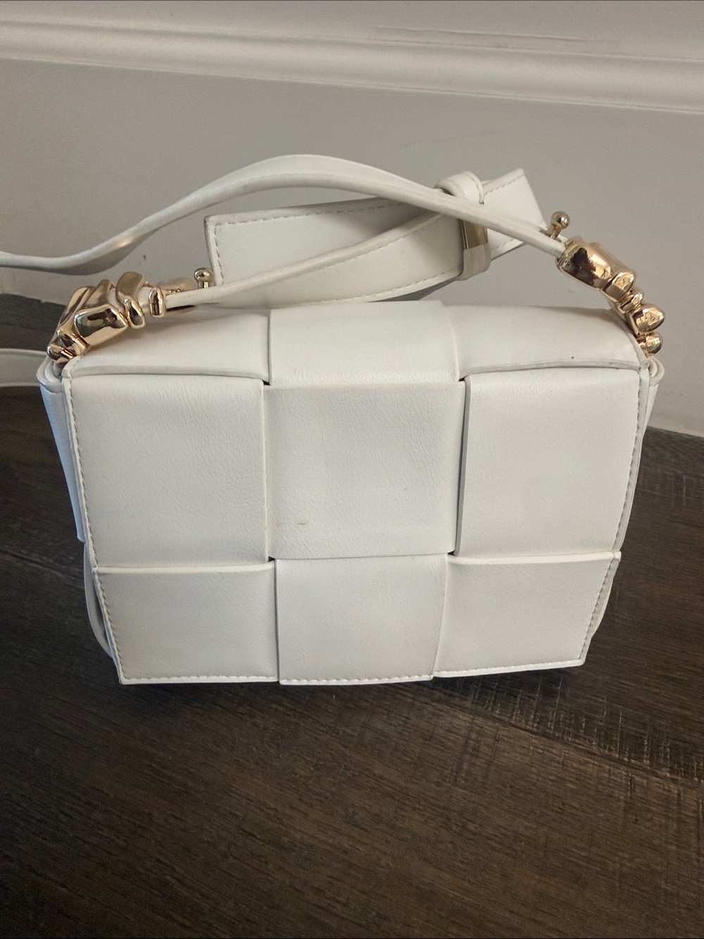 White Woven Leather Crossbody Bag - Gold Accent